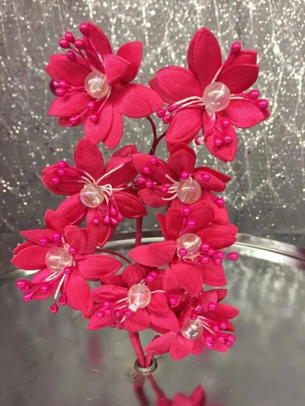 Satin Flowers with Clear Pearls on Stem Craft Party Supplies Corsage Flower Stem